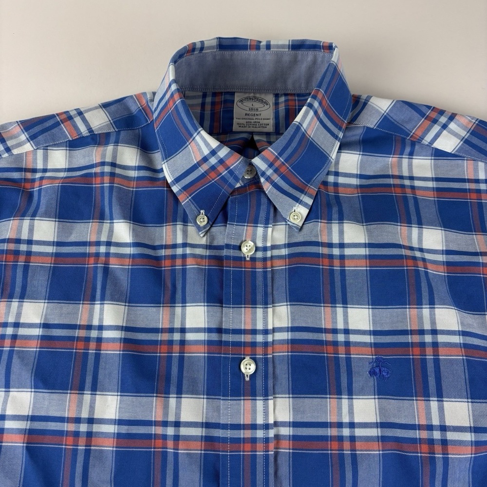BROOKS BROTHERS Large Regent Non Iron Blue Plaid Supima Cotton Casual Shirt